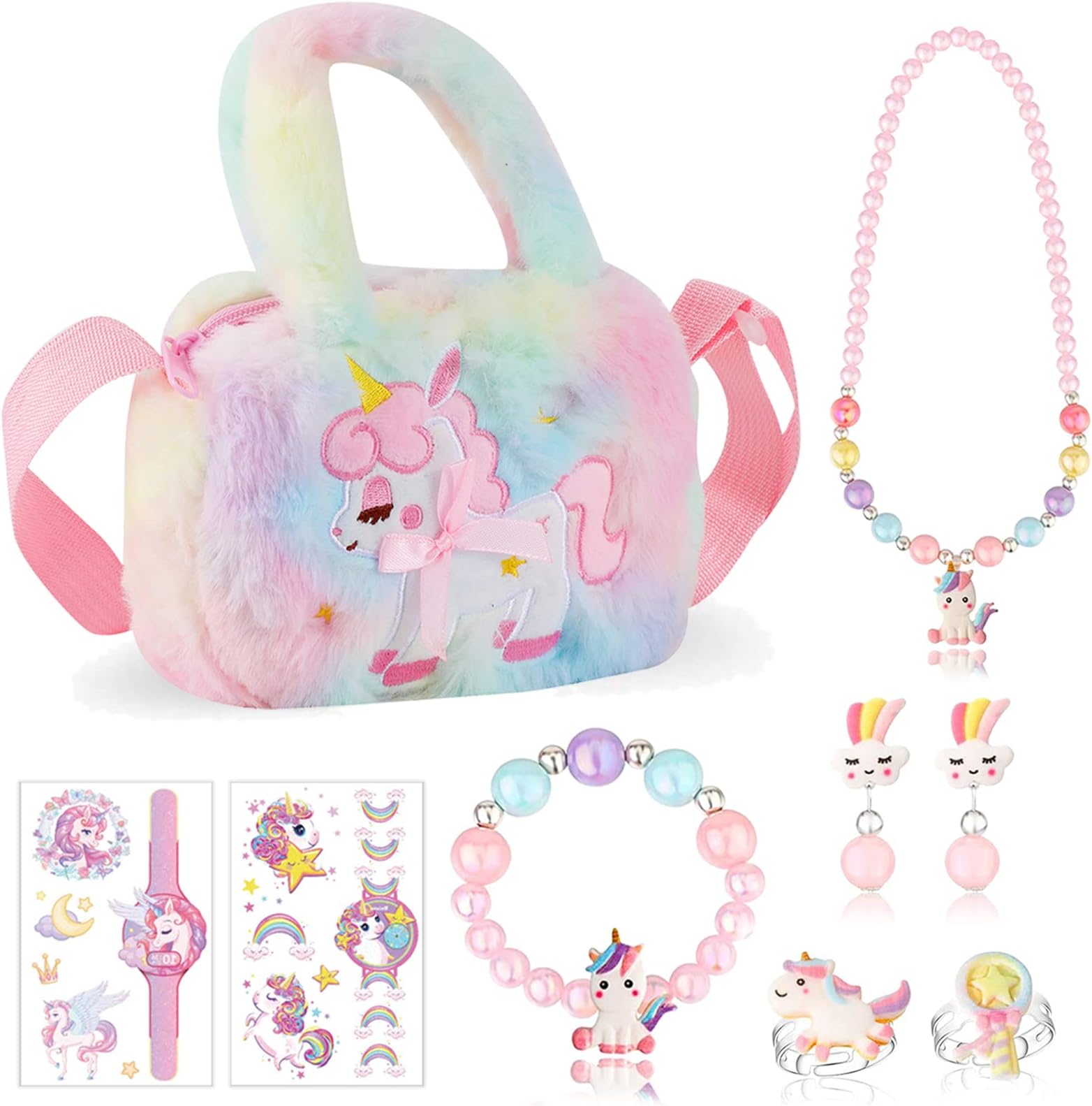 NOJGACUnicorn Gifts , 9 PCS Unicorn Crossbody Bag Purse Jewelry Set, Rainbow Plush Unicorn Princess Necklace Bracelet Rings Earrings Stickers Handbag Gifts Accessories Jewelry Party Favors (DJS1)
