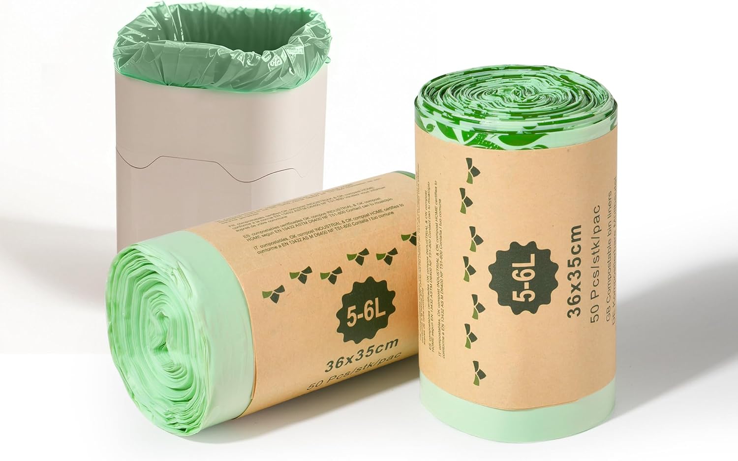 ROWNYEON 1.6Gal Biodegradable Compost Bags Recycling Garbage Bags Compostable Bag for Kitchen/garden Extra Thick Trash Bag with US BPI ASTM D6400 and Europe EN13432 Certified, 100 Count, 6L