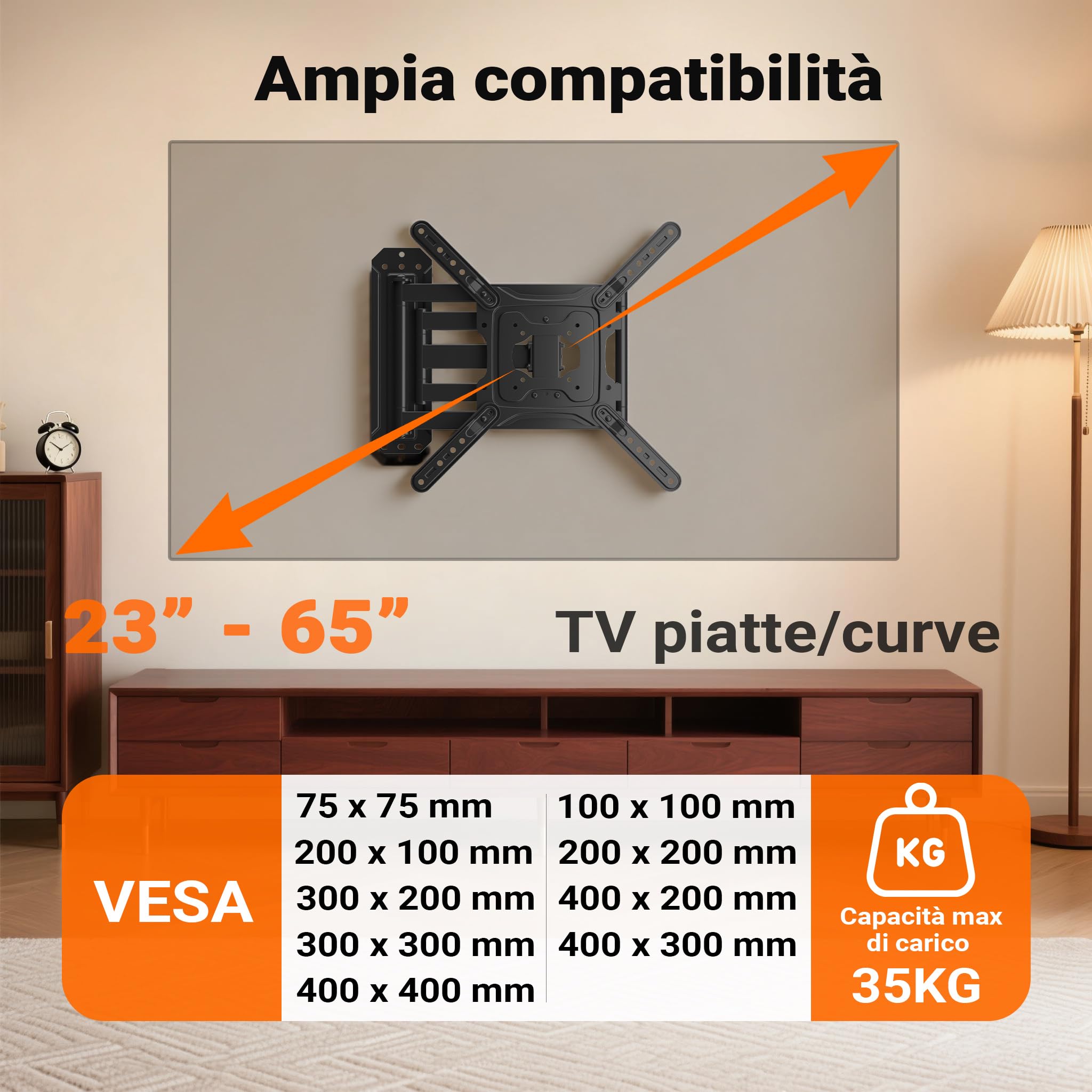 Wiltec Supporto TV 23“-65”, staffa porta TV a muro orientabile con portata fino a 35 kg, braccio porta schermo salvaspazio