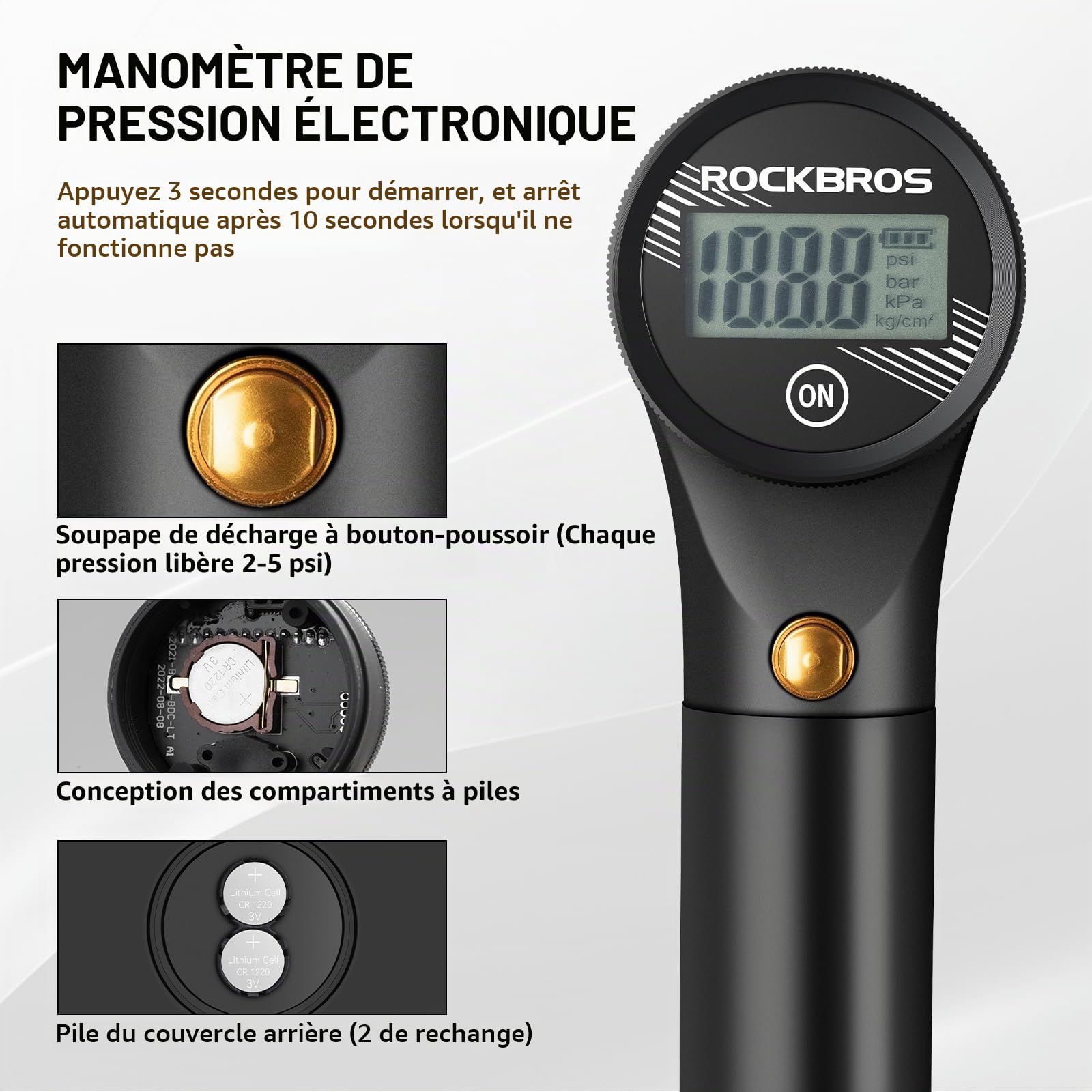ROCKBROS Mini Pompe à Main Vélo Max. 320PSI Gonfleur Deux Temps Léger Valve Presta Schrader Manomètre Électronique Alliage d’Aluminium VTT Fourche Avant Vélo Trotinnete Électrique Basketball Noir