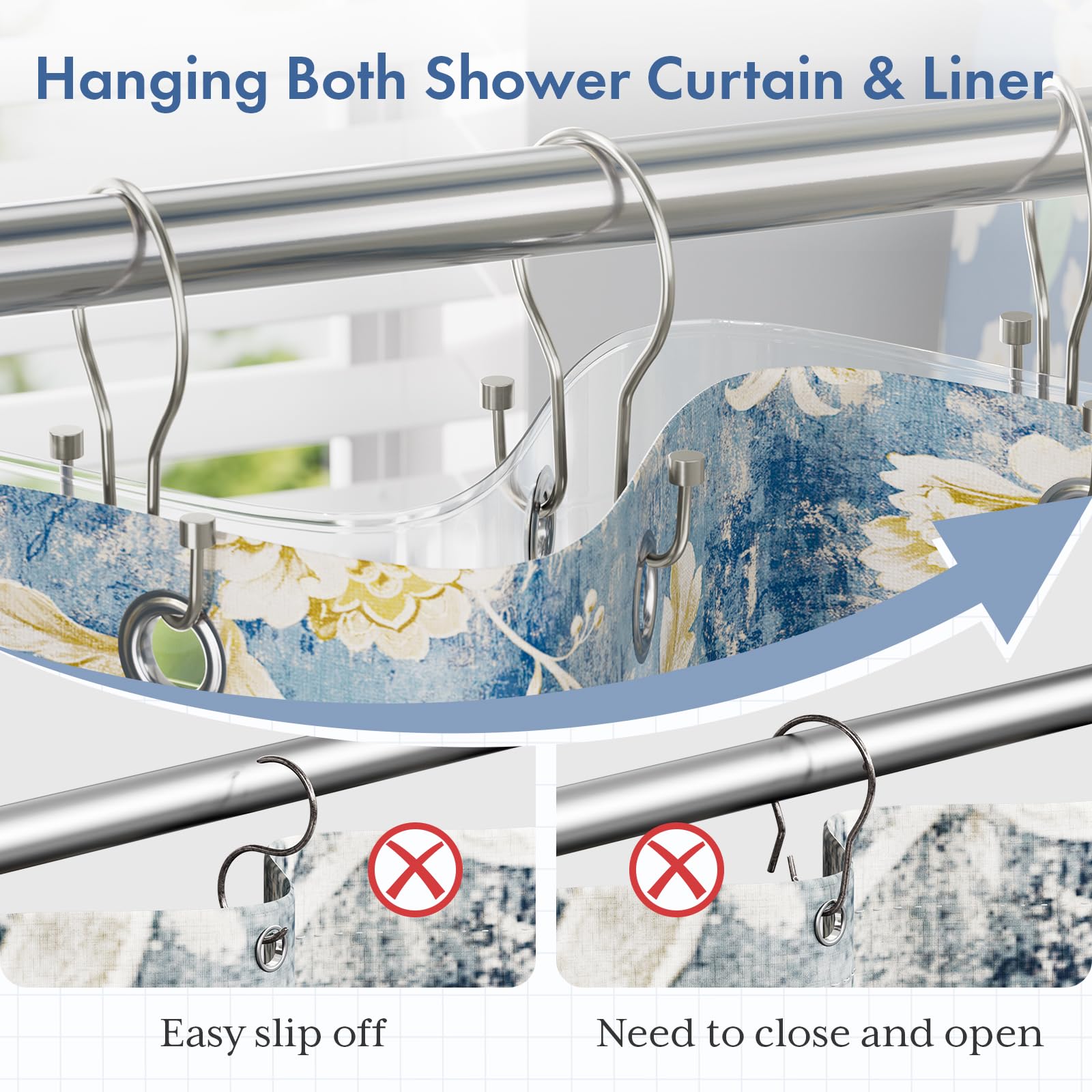 Bathway Lot de 24 crochets de rideau de douche en nickel avec design cylindrique, crochets de rideau de douche en métal antirouille, à glissement lisse, anneaux doubles pour rideau de douche