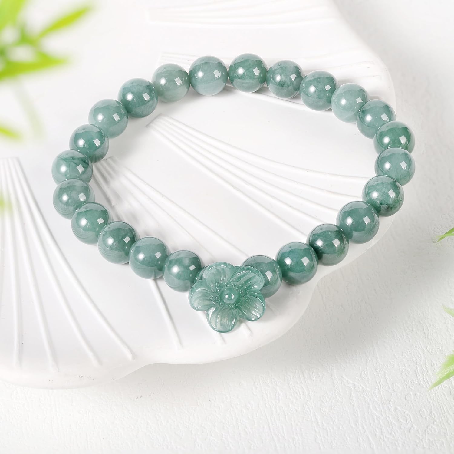 Real Jade bracelet for Women, Natural Jadeite Handmade Carved Peach Blossom Stretch Beaded Beads Jade Bangle Jewelry, Stress Relief Feng Shui Prosperity Blue-Green Jades bracelets,for Valentine's,Mother,Christmas - Image 6