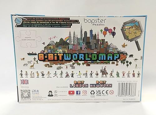 Miniatura 9 de Rompecabezas para niños de 4 a 8 años, rompecabezas de mapa del mundo de 180 piezas, estilo retro de 8 bits, rompecabezas para niños con 50 personas