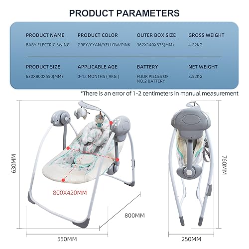 Miniatura 9 de Cómodo columpio portátil para bebé, cómoda mecedora con música relajante, plegable, diseño biónico, se pliega fácilmente, barra de juguetes