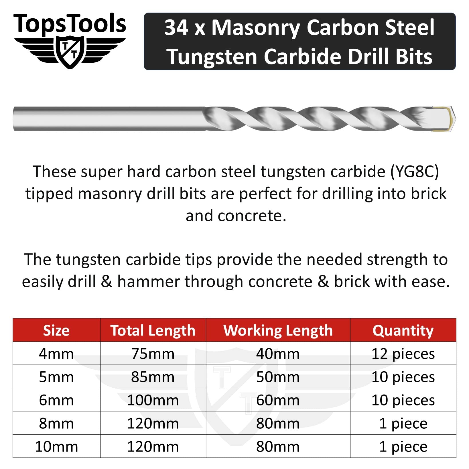 TopsTools 151pcs TT151TW 1mm 10mm Legno Cemento Mattone Punte trapano | Mixed HSS, carbide masonry e brad-point legno bits offrono durevole foratura across metallo, masonry, legno e plastica