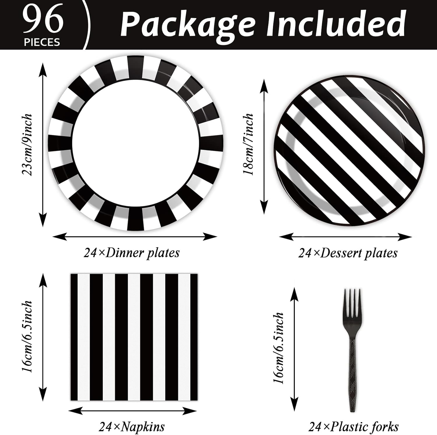 96 PCS Black and White Party Plates Napkins Striped Dinnerware Set Black and White Party Tableware Disposable Paper Plates Napkins Party Decorations Supplies Favors for 24 Guests - Image 2