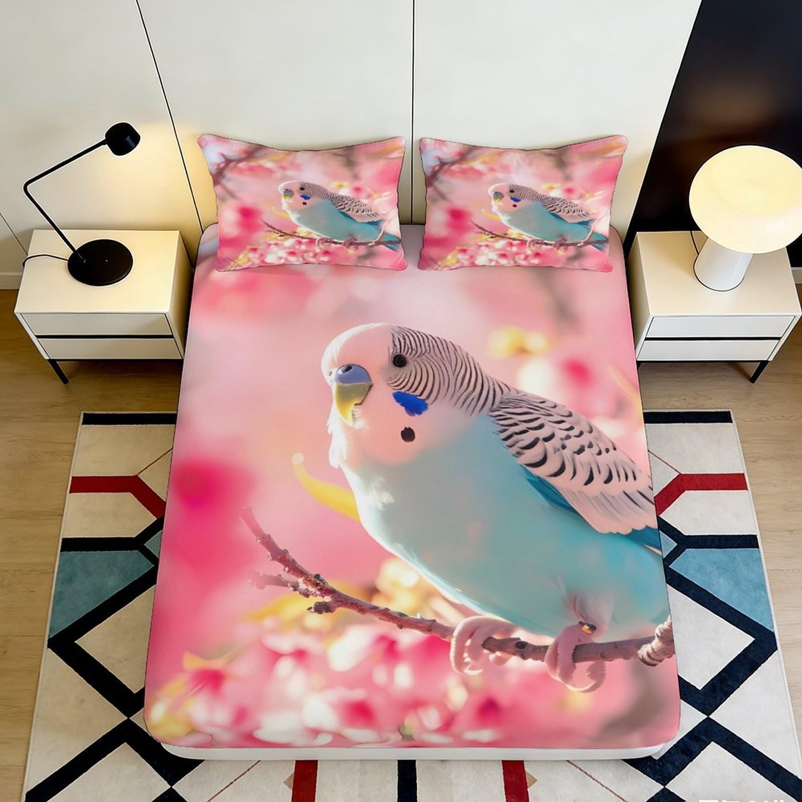 3D Printed Sakura Parrot Fitted Sheet Microfiber Non-Slip Deep Pocket Sakura Parrot Mattress Fitted Cover for Bedroom 180x200x25cm