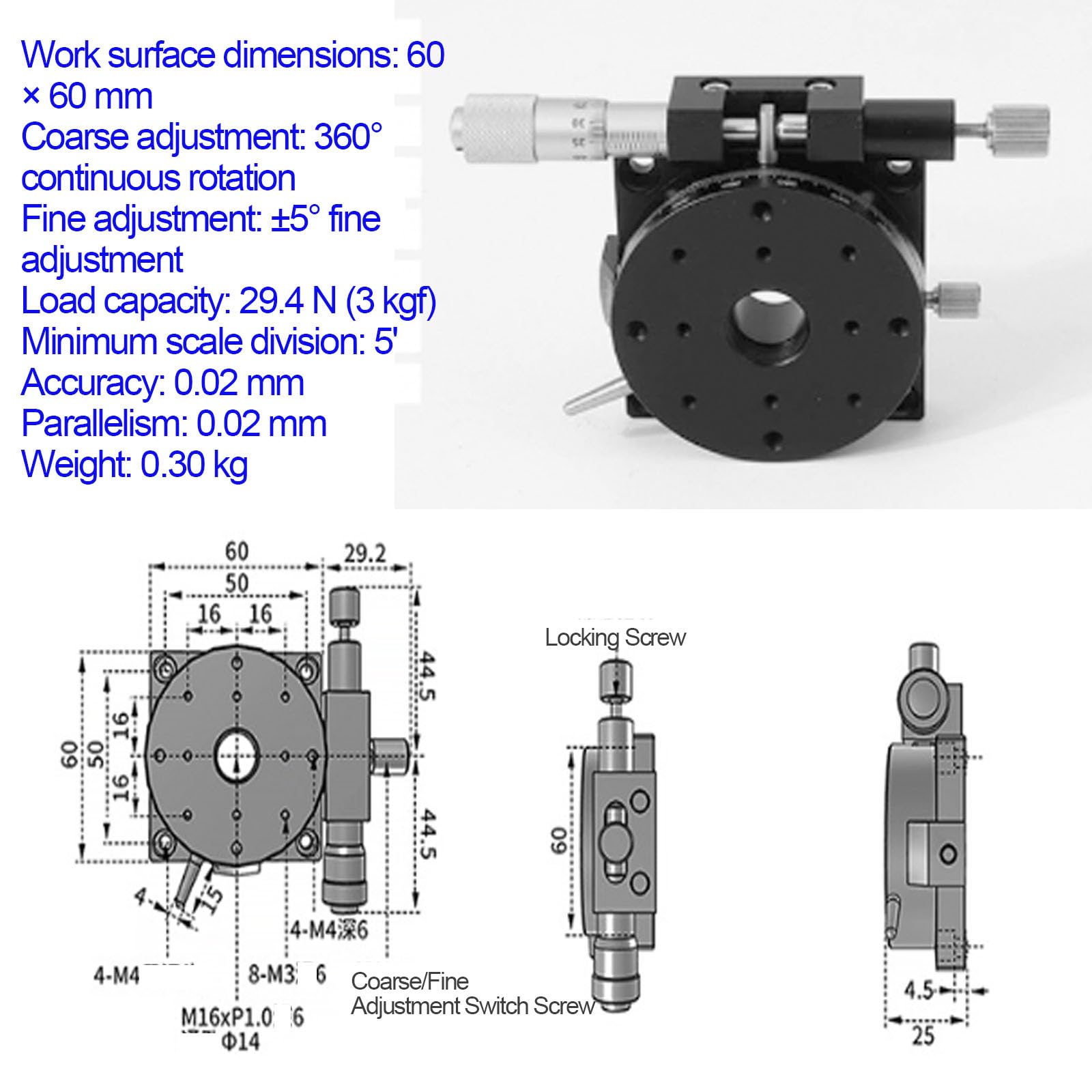 Etapa de rotación manual del eje R de 60 mm, mesa deslizante de ajuste fino de 360°, capacidad de carga 29,4 N, paralelismo 0,02 mm, plataforma de corte para equipos de producción y pruebas