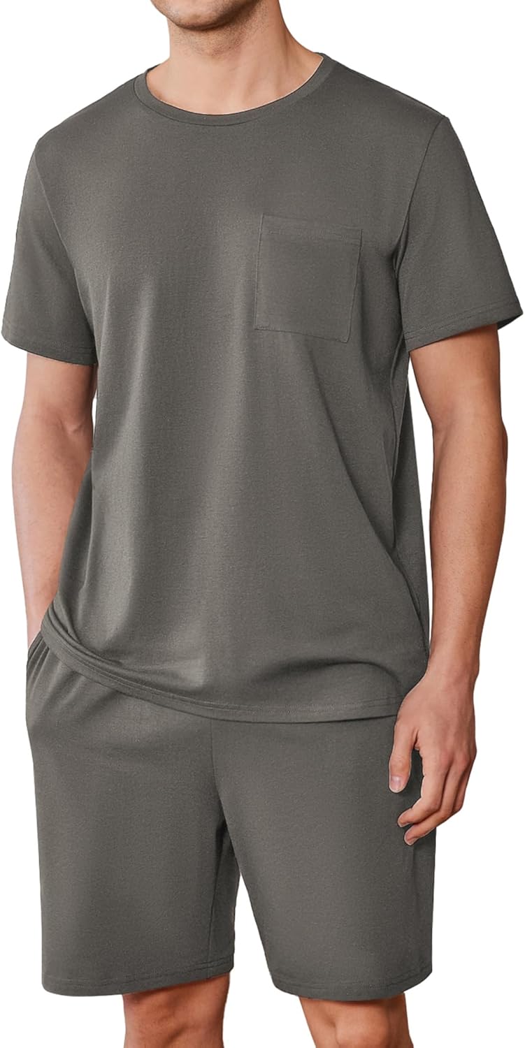 Ekouaer Mens Pajamas Set Cotton Short Sleeve Sleepwear 2 Piece Pj Sets for Men Soft Nightwear with Pockets S-XXL