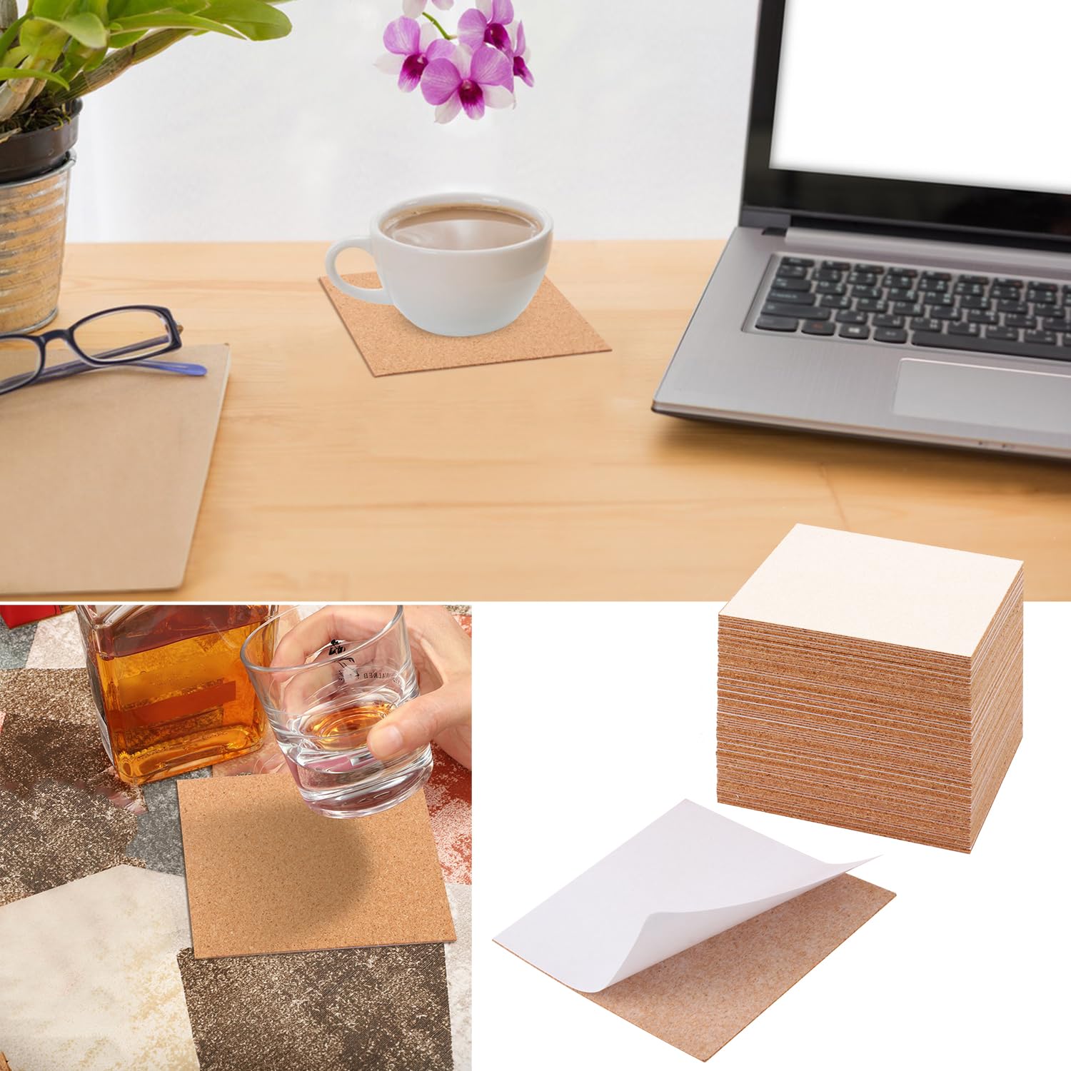 300 pezzi quadrati autoadesivi in sughero, 10 x 10 cm, quadrati con retro in sughero, per sottobicchieri, perfetti per progetti fai da te e artigianato