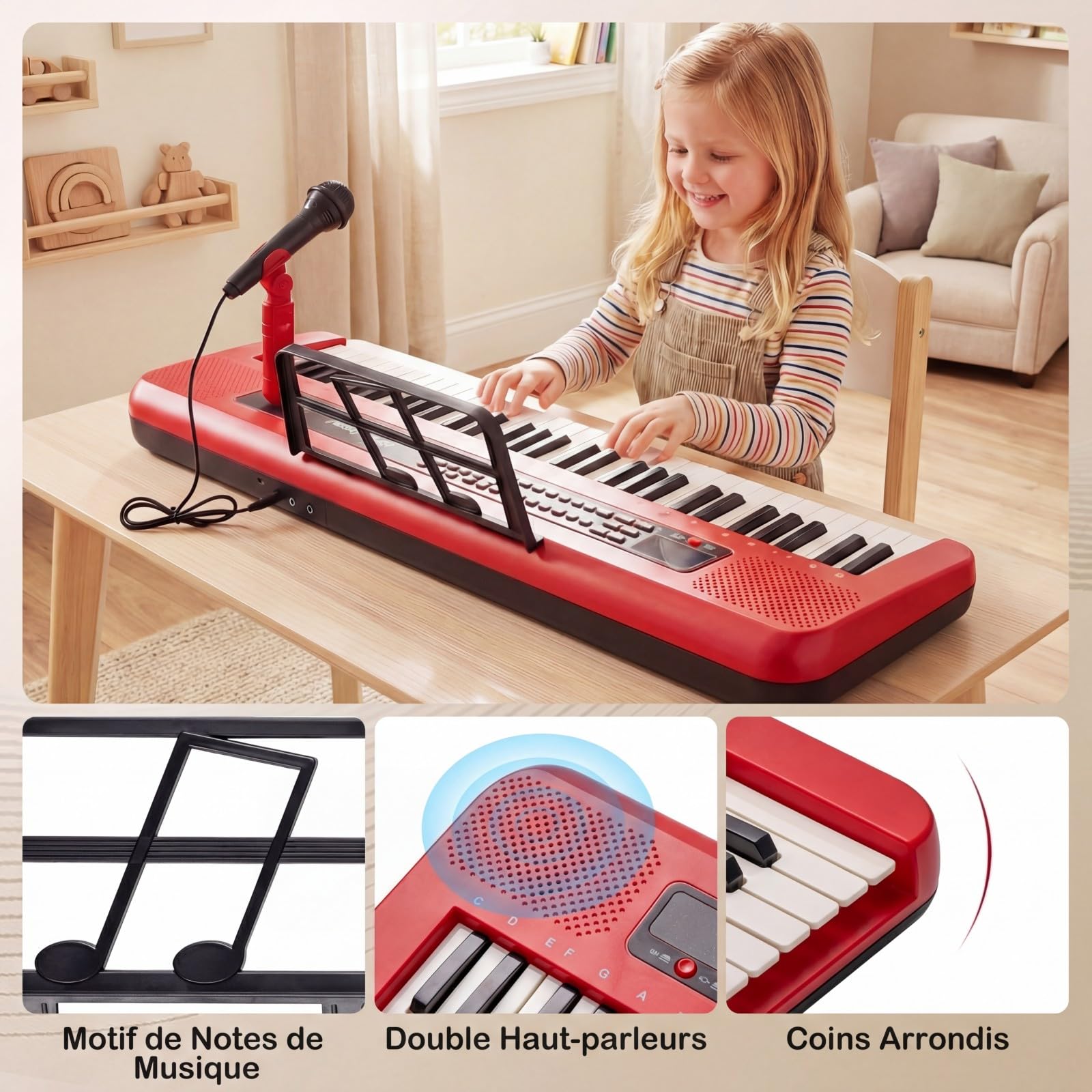 COSTWAY Clavier Piano Enfant 61 Touches avec Microphone et Pupitre, Piano Numérique avec Support Réglable et Amovible, 2 Haut-parleurs, Mode d'apprentissage, Instrument de Musique pour 3 Ans+ (Rouge)