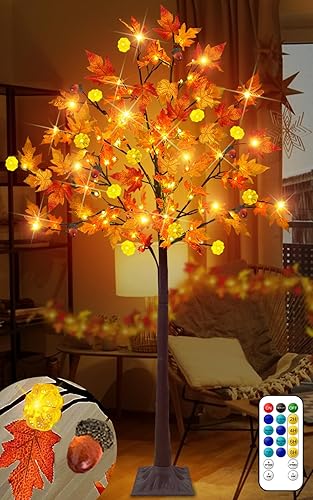Decoración de árbol de arce de otoño preiluminado de 6 pies de alto, 117 LED con 12 calabazas, bellota y temporizador, 8 modos intermitentes,