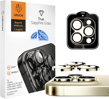 URUCHI iPhone 14 Pro / 14 Pro Max / 15 Pro / 15 Pro Max SAFİR PREMIUM Kamera Lens Koruyucu, [Orijinal Tasarım] Çizilmez 9H Temperli Cam Kamera Ekran Koruyucu, Metal Lens, Gold