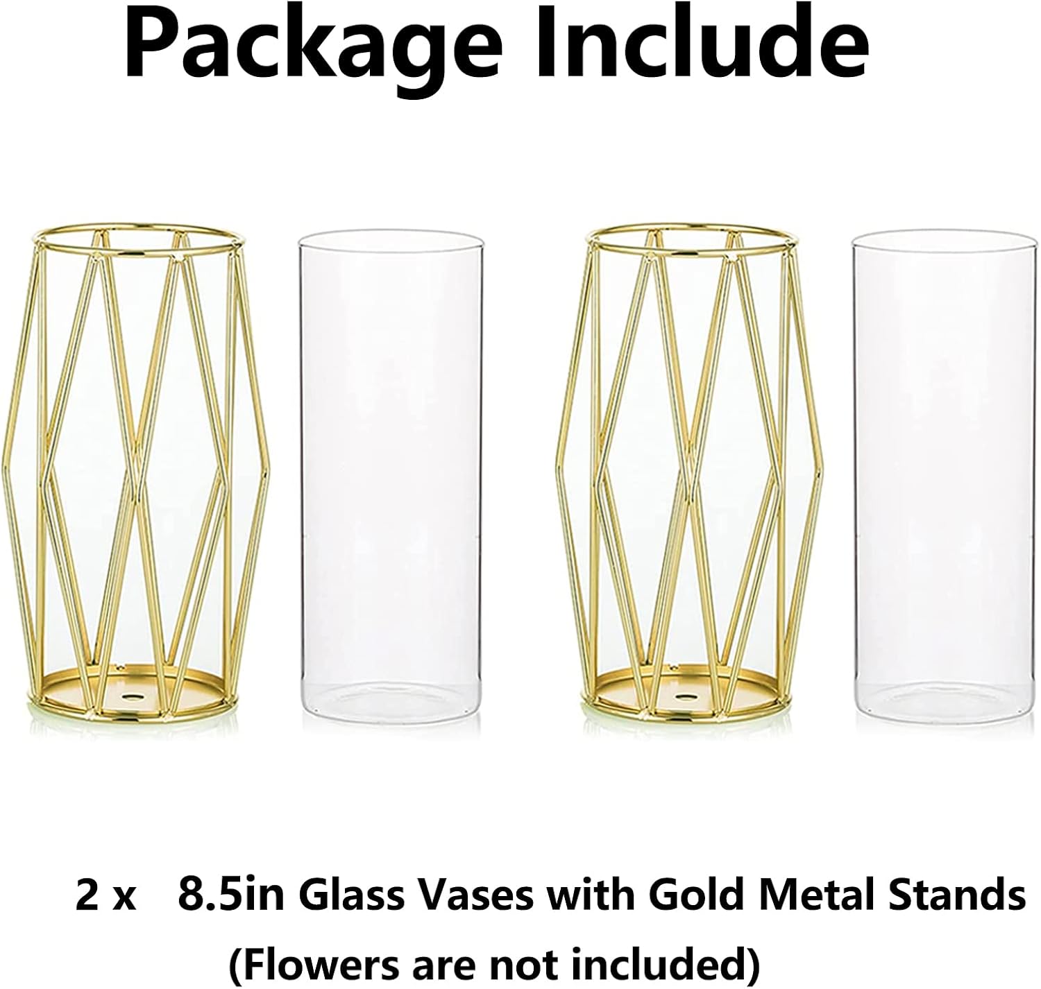 Gold Modern Flower Vases for Centerpieces – Hewory 8.5inch Glass Vase with Metal Stand Set of 2, Wide Big Tall Geometric Vases for Flowers, Flower Holders for Wedding Home Decor (Small,2pcs)