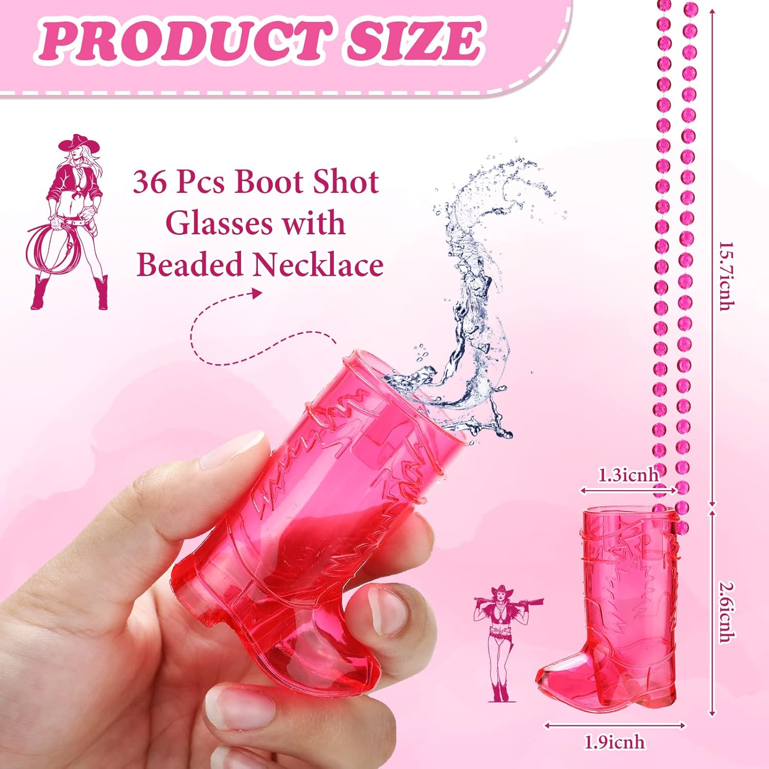 Sieral 36 Pcs Cowboy Boot Shot Glasses on Beaded Necklace Plastic Reusable Cowgirl Shot Boot Glasses Necklace Party Cups for Cowboy Cowgirl Bachelorette Carnival Western Birthday (Transparent Rose)