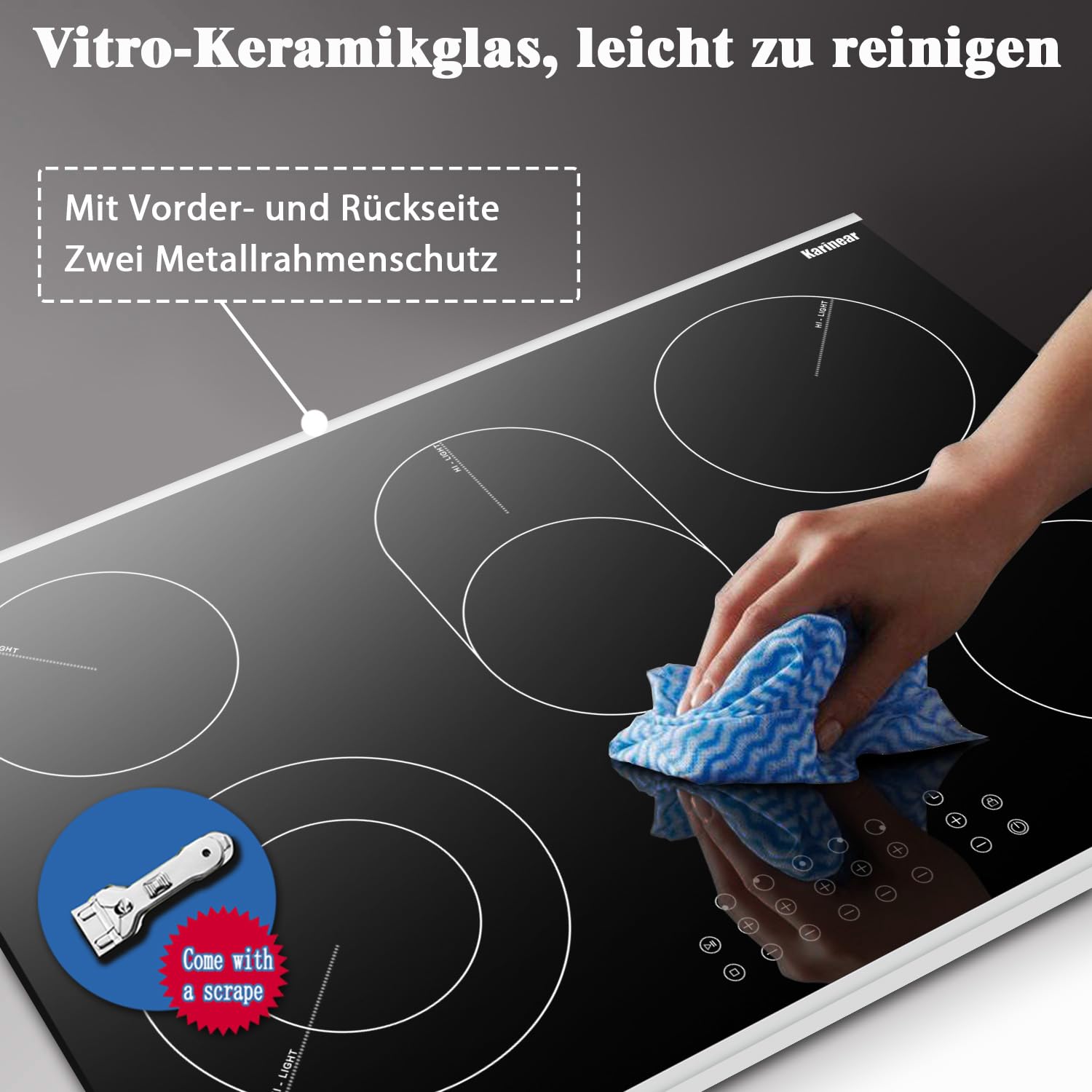 Karinear Glaskeramikkochfeld 5 Platten Einbau, Keramik kochfeld 5 Zonen, 77 cm, Herdplatte 5 Kochfelder, mit Berührungssteuerung, Timer, Kindersicherung, 220-240V, 8400W, Keine Stecker