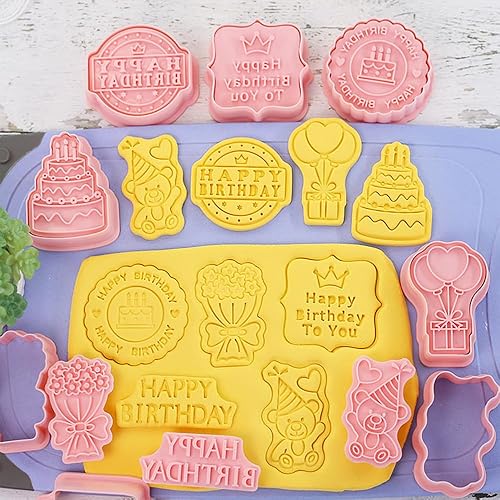Miniatura 4 de Juego de cortadores de galletas con temática de feliz cumpleaños, 8 piezas con forma de pastel de cumpleaños en 3D, cortadores de galletas para