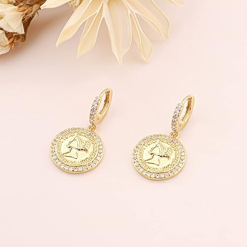 Miniatura 4 de Delicados aretes de aro colgantes para mujer, chapados en oro de 14 quilates, arracadas pequeñas con moneda de dije mal de ojo