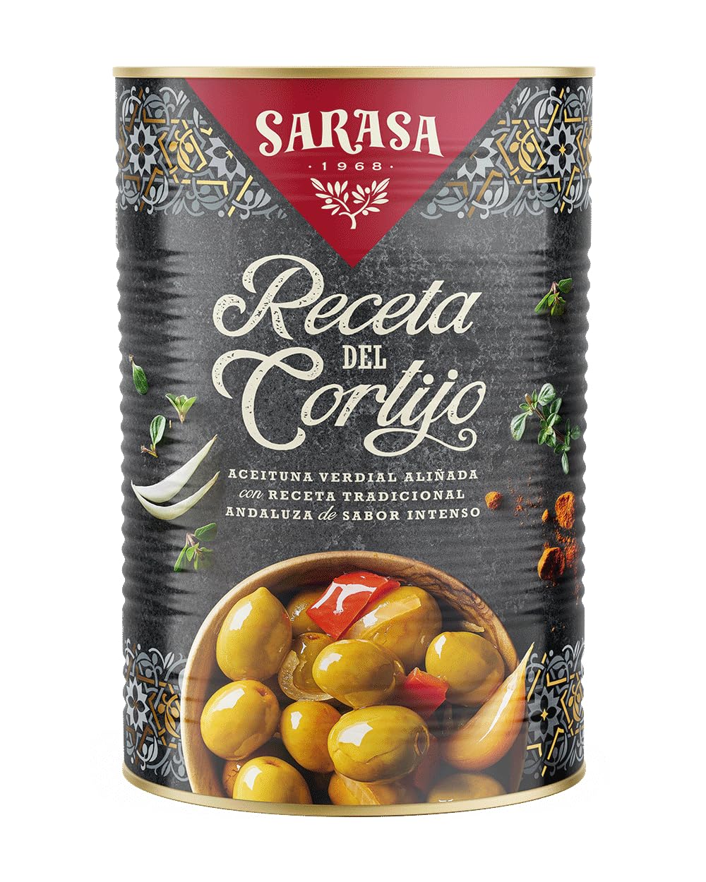 " RECETA DEL CORTIJO" SARASA - SABROSAS ACEITUNAS ALIÑADAS CON RECETAS TRADICIONALES (1 LATA, PESO NETO 4200g (PESO ESCURRIDO 2500))
