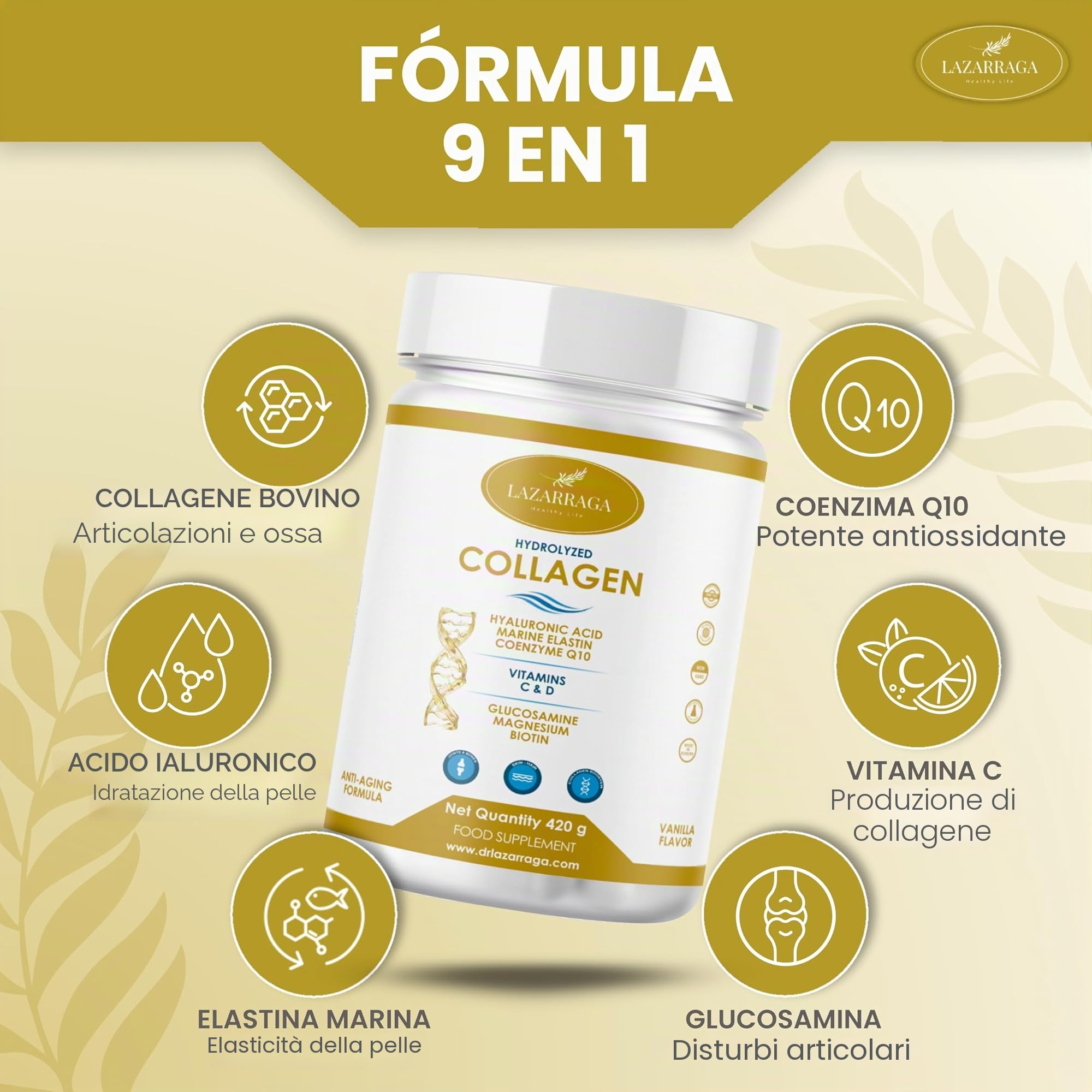 Collagene idrolizzato + peptidi di elastina marine + acido ialuronico + coenzima Q10 + glucosamina + biotina + vitamina C e D e magnesio, per articolazioni forti e cartilagine, pelle liscia ed energia