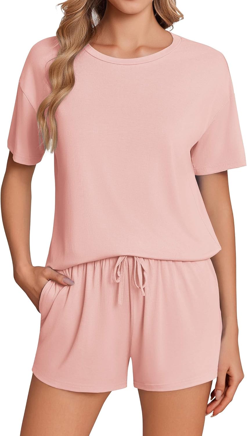 Ekouaer Pajama Set for Women Viscose from Bamboo Short Sleeve Tops and Shorts Set 2 Piece Lounge Set