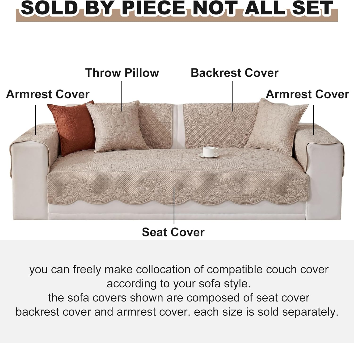 vctops Boho Cotton Quilted Couch Cover Soft Embroidered Sofa Cover Non-Slip Dog Bed Cover Scalloped Sofa Slipcover Washable Furniture Protector Cover (Khaki,36"x36")