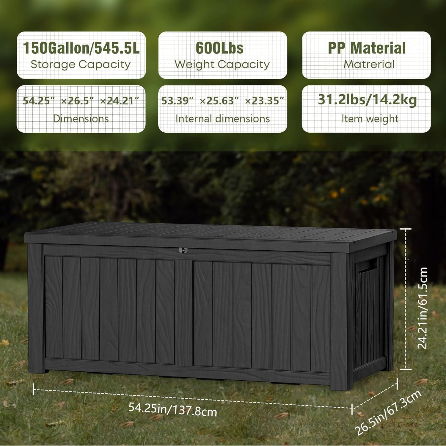 Outdoor Storage Box, 150 Gallon Resin Deck Box Waterproof for Patio Furniture, Garden Tools and Pool Accessories, Lockable UV-Resistant Storage Bin Bench Cabinet for Outside, Black