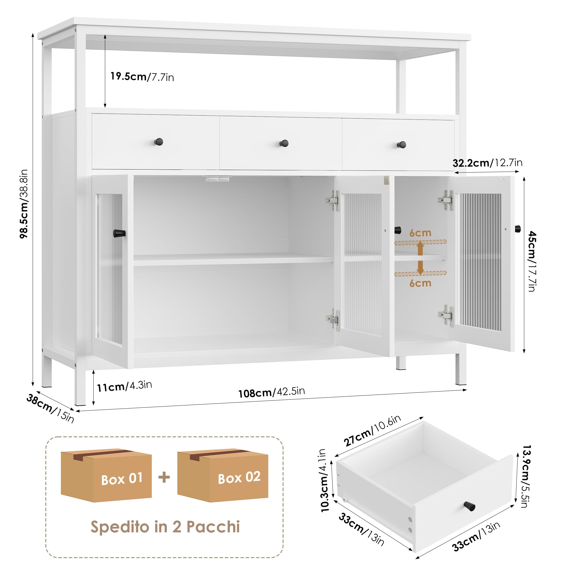 FirFurd Credenza Cucina,Mobile Cucina con 3 Cassetti e 3 Ante Bianco | Dispensa Cucina con Ante Vetro Temperato｜Credenza Soggiorno a Ripiani Regolabili｜per Sala da Pranzo, Soggiorno｜108x38x98,5 cm