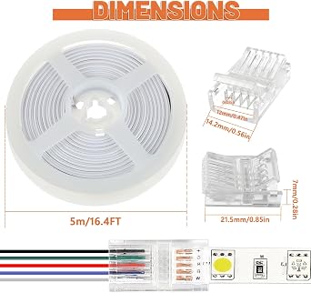 10 Pack LED Strip Connector RGB Lights Adapter Lighting Pin Connectors Clear Unwired Gapless Track Lighting Connector with 5M/16.4ft Cable(5 PIN 12 MM)