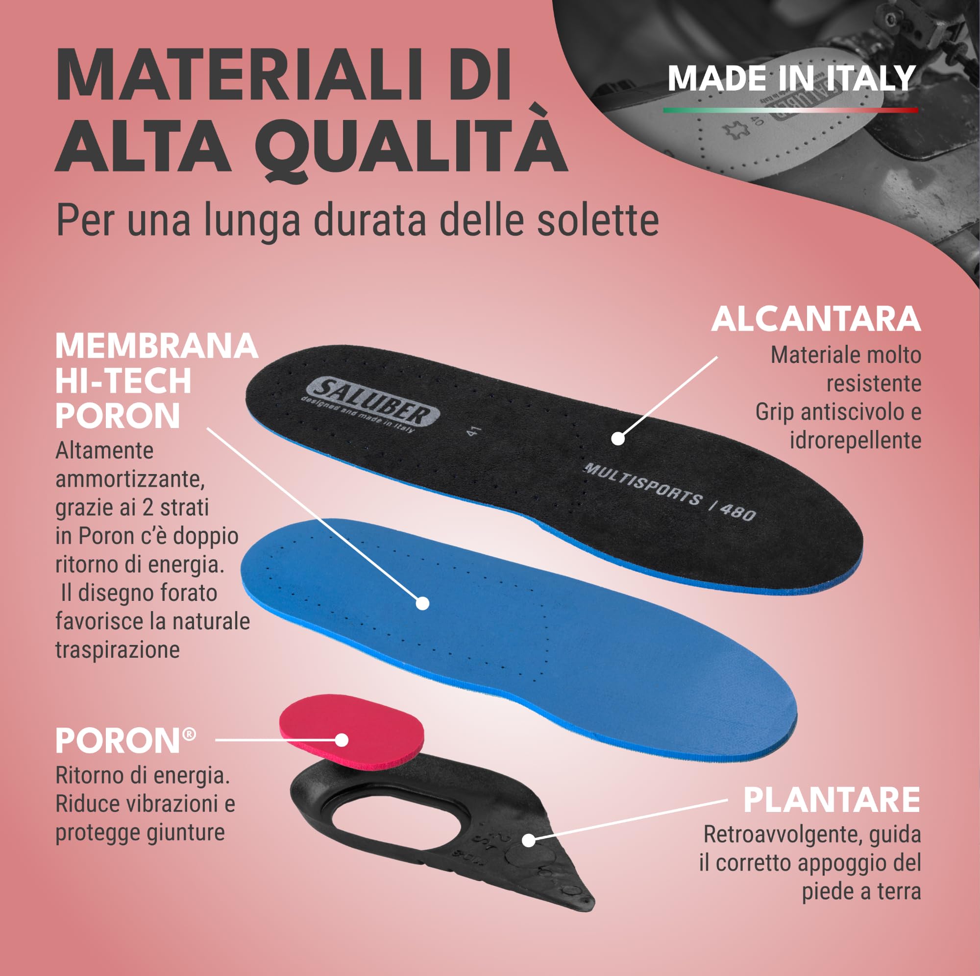 Saluber Active 480 Multisport Solette Sportive Ammortizzanti - Plantare Anatomico in Poron e Alcantara con Inserto Antishock - per Running, Padel, Uso Quotidiano (45)