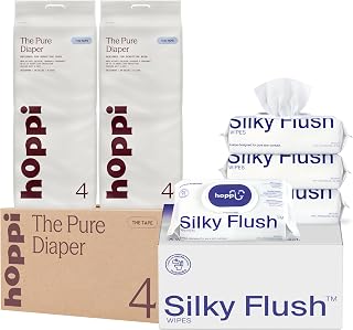 Hoppi Pure Baby Diapers + Flushable Wipes Bundle, Size 4, 80 + 224 Count | 14-Hour Leak Protection, Fast Absorb Core, 99% Water Wipes, Day and Night Changes for Travel and Sensitive Skin Care