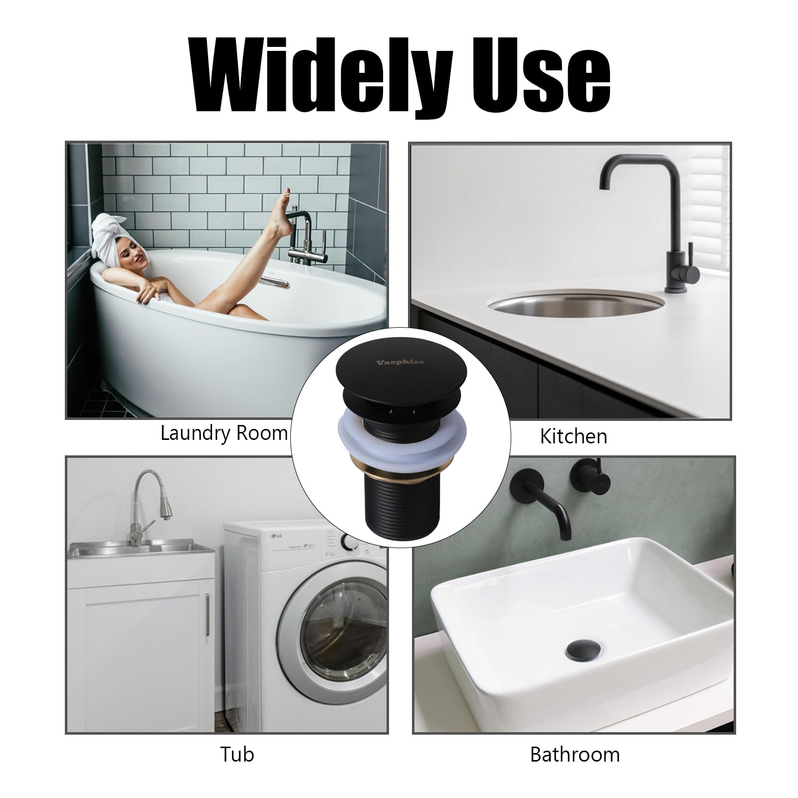 Sifón lavabo desagüe sin rebosadero – Acero inoxidable 304 Universal Sifón Lavabo Baño, Sifón Sifón Pop Up Desagüe, Sifón de Fregadero, Negro