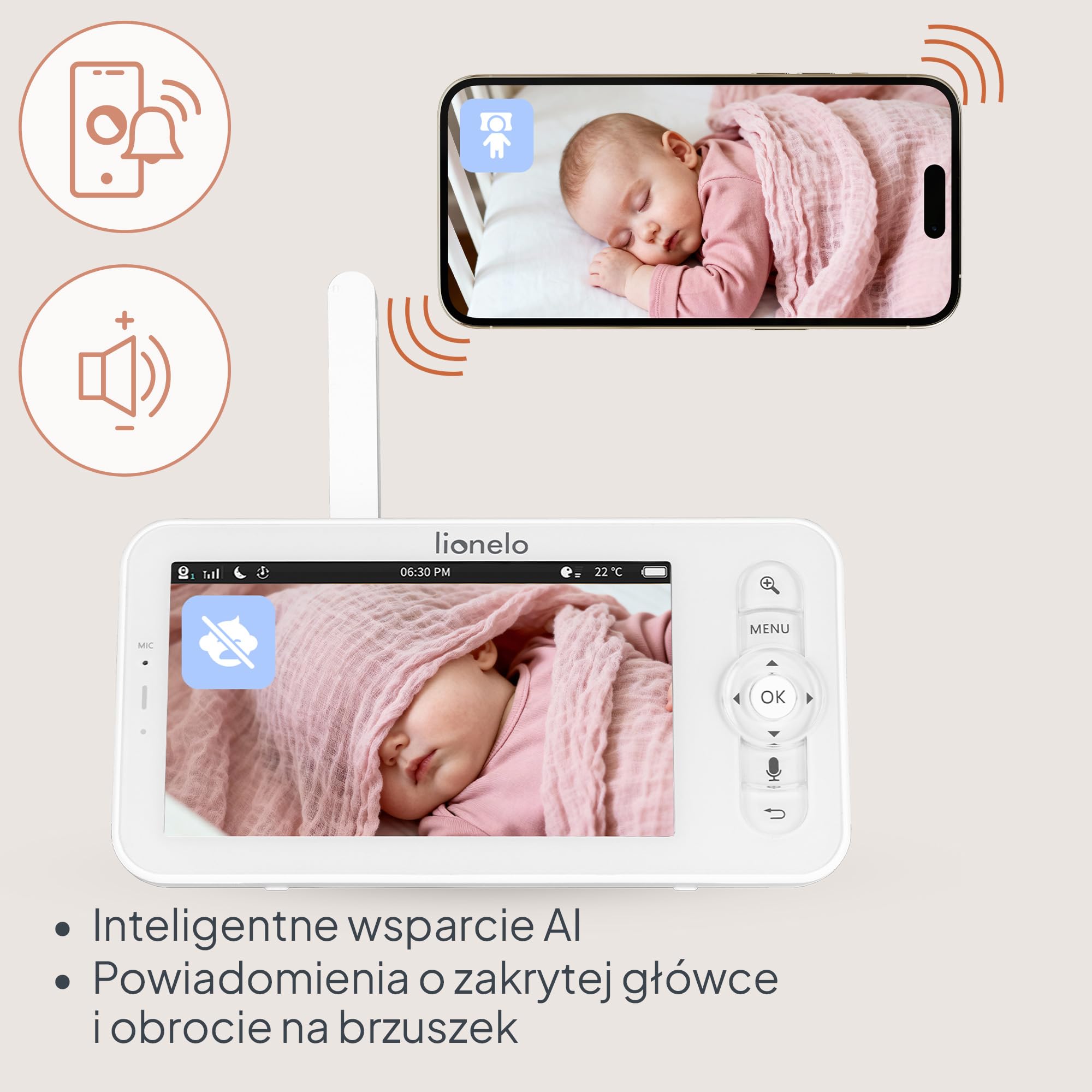 Lionelo Babyline 9.2 Ai Niania Elektroniczna Wideo, Kamera 2K, Monitor 5", WiFi, Alerty AI, Śledzenie Ruchu, Wykrywanie Płaczu i Zakrycia Głowy, VOX, IR, Aplikacja, Czujnik Temperatury i Wilgotności
