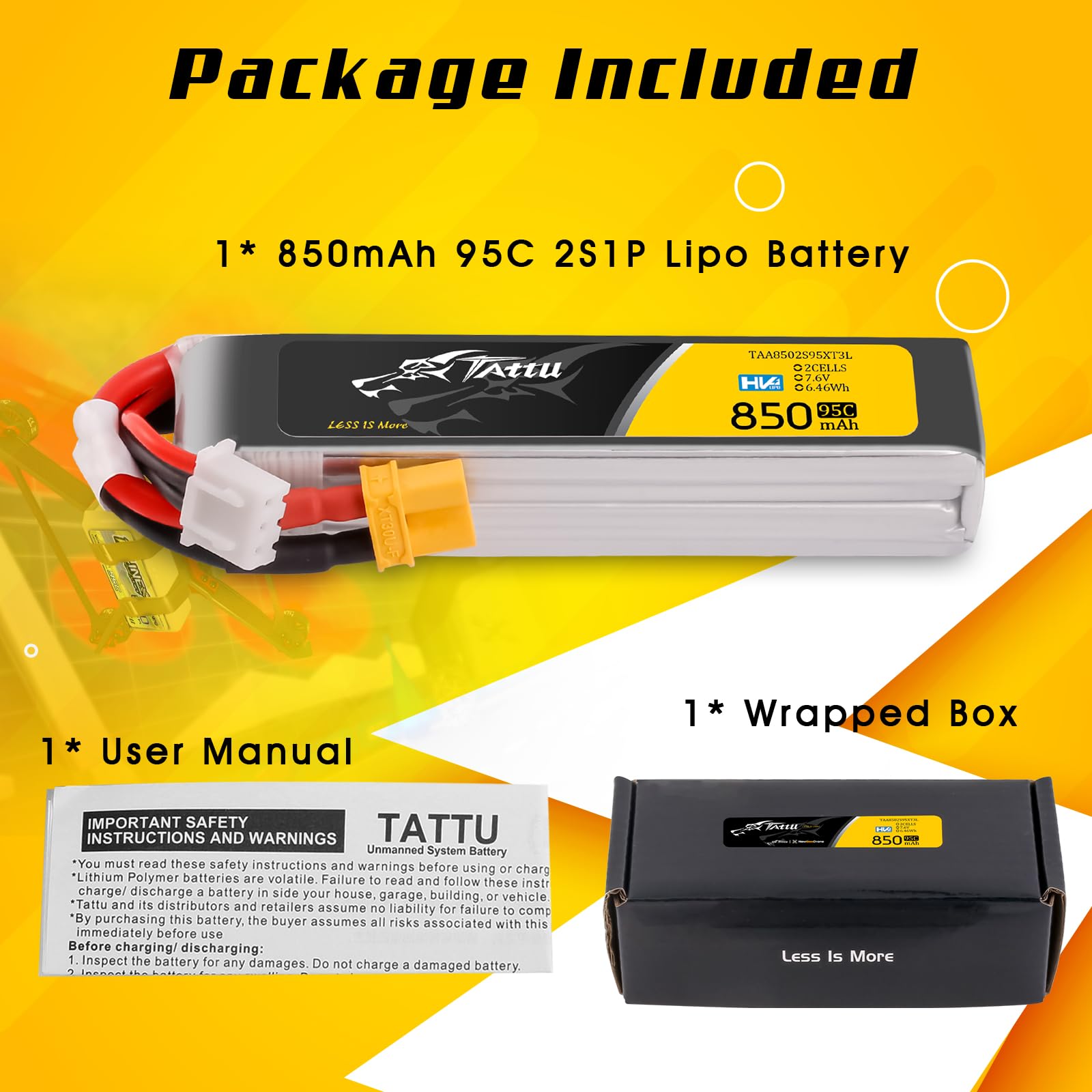 TATTU 2s Lipo akumulator 850mAh 95C 7.6 V HV LiPo Długa kumulator z wtyczką XT30 do samochodu Quadrocopter wyścigowy FPV H z ramą UAV