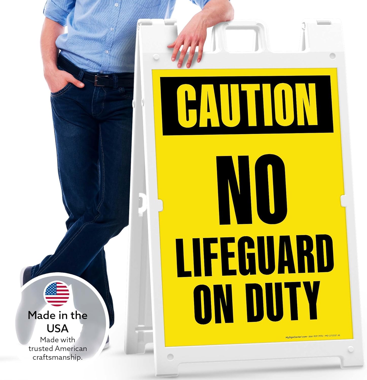Caution No Lifeguard On Duty Folding Floor Sign, 24x36 Inches, Portable A Frame, Made in USA by My Sign Center