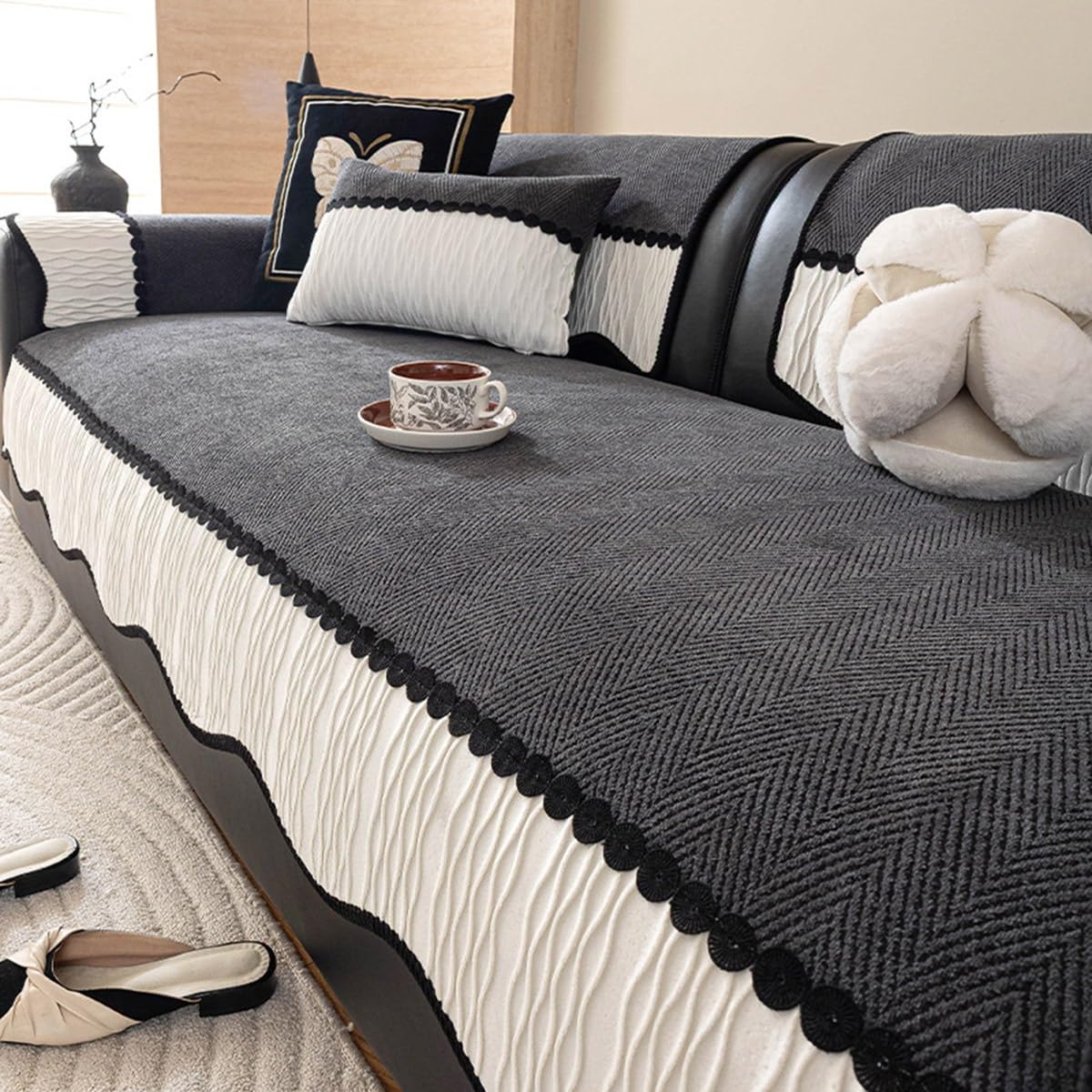 ZGWRYI Soft Chenille Sofa Couch Cover Striped Weave Textured, Sectional Couch Covers Washable Anti-Slip Sofa Slipcover for Dogs Pet,Suitable for all seasons(Dark gray,120x160cm)