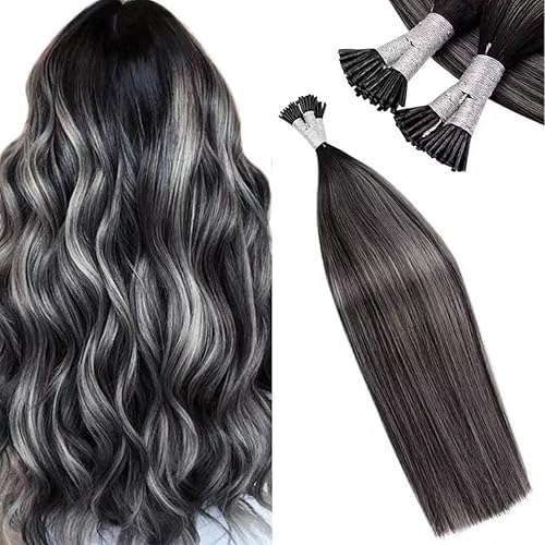 【Clearance】LaaVoo I Tip Real Human Hair Extensions Ombre Black Mix Silver Grey Keratin Cold Fusion I Tip Extensions Remy Human Hair Silky Straight 22 Inch 50g 50s