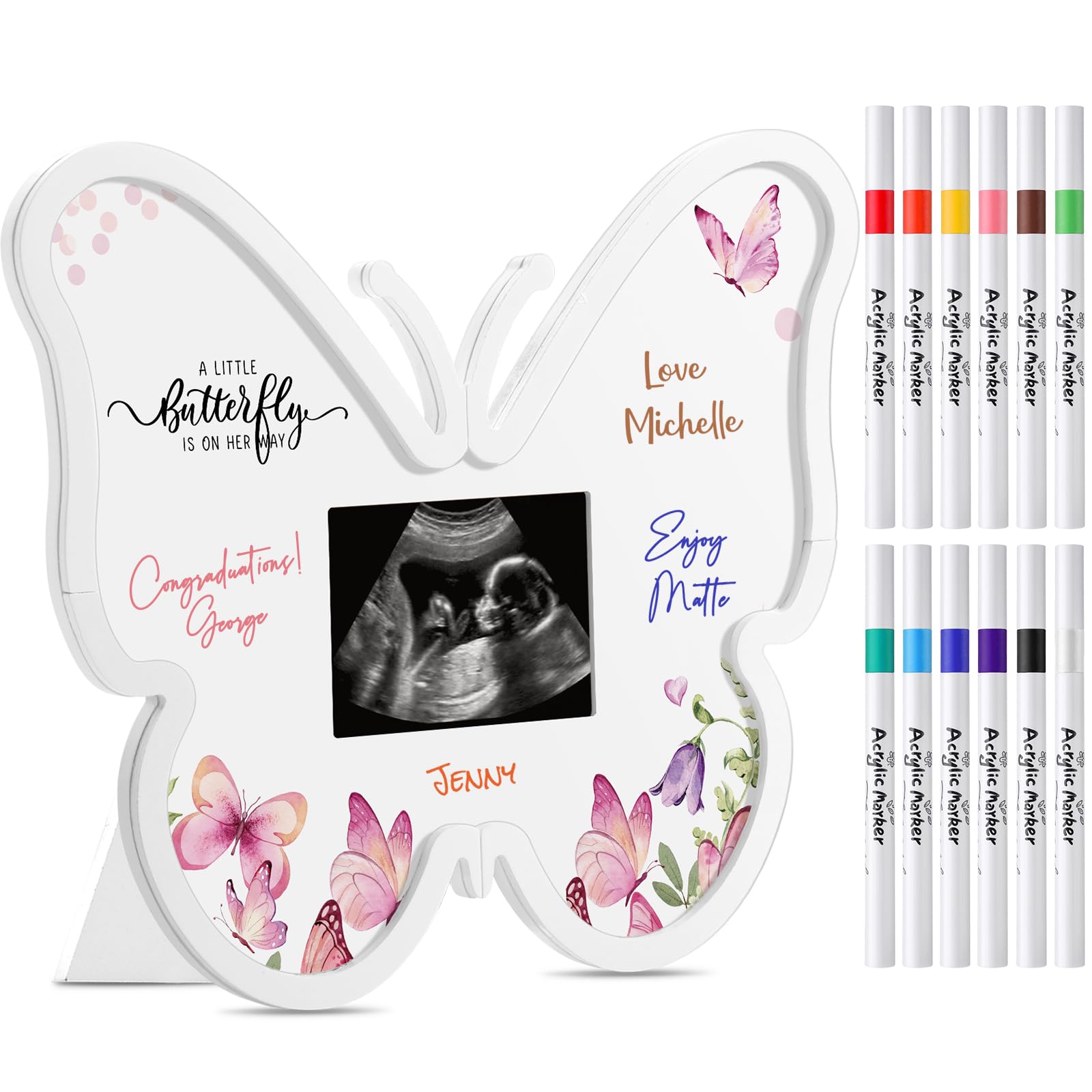 Thyle Butterfly Baby Shower Sonogram Frame with 12 Markers Party Favors Signature Guest Book Ultrasound Picture for Gender Reveal Gift Keepsake