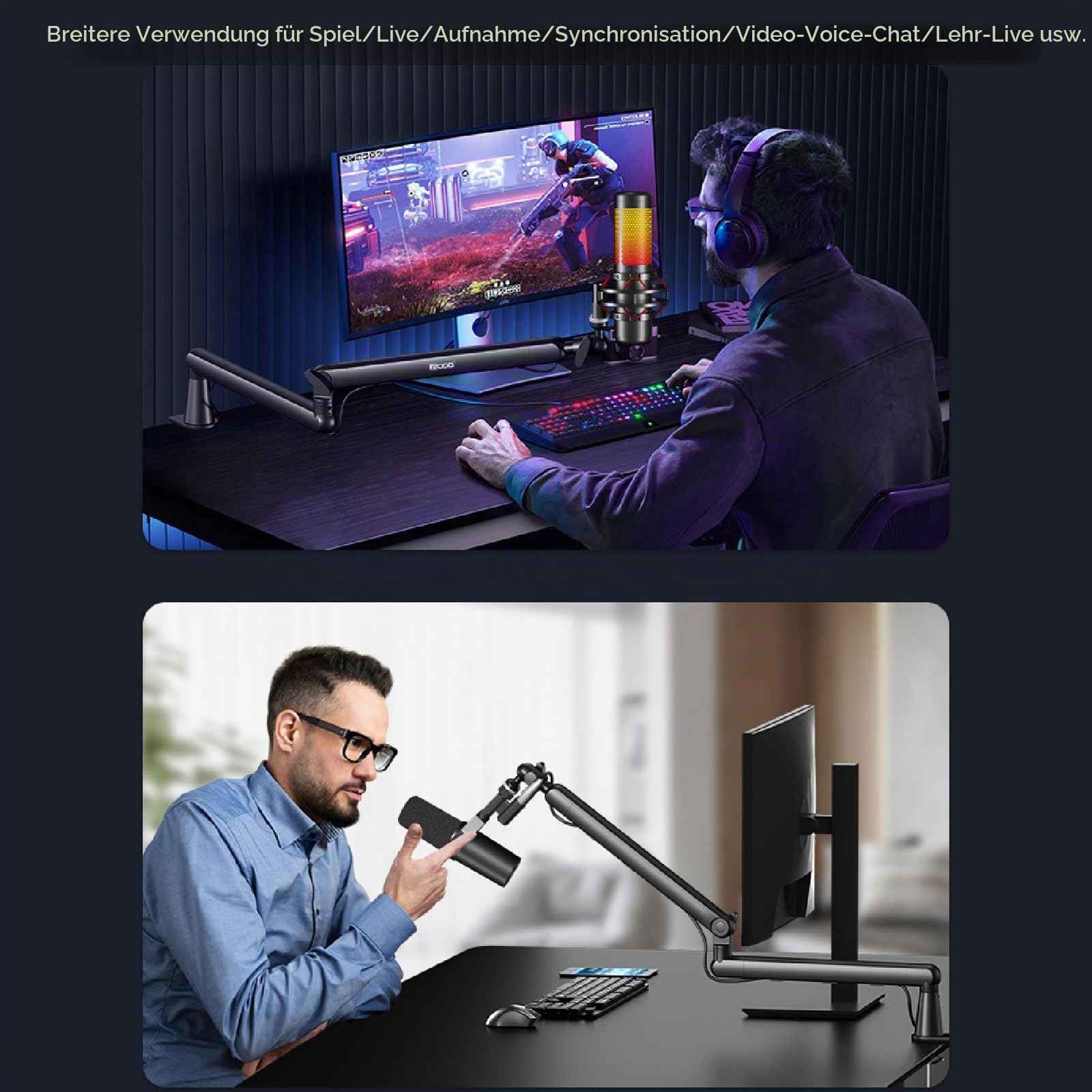 Gaming Mikrofon mit Low Profile Mic Arm, Mikrofonarm mit Kabelkanälen für Podcast Streaming Studio Gesangs, für Blue Yeti,Snowball iCE, HyperX QuadCast,SoloCast,Elgato Wave,Etc