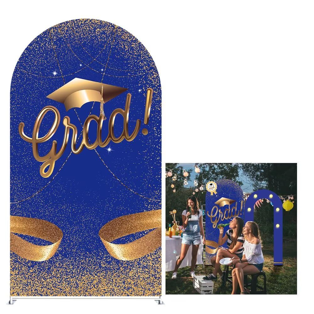 Iydamc Blue Congrats Grad Arch Cover 7.2FT Gold Bachelor Hat Sequins Arch Spandex Cover for Class of 2026 Congrats Congratulation Graduates Prom