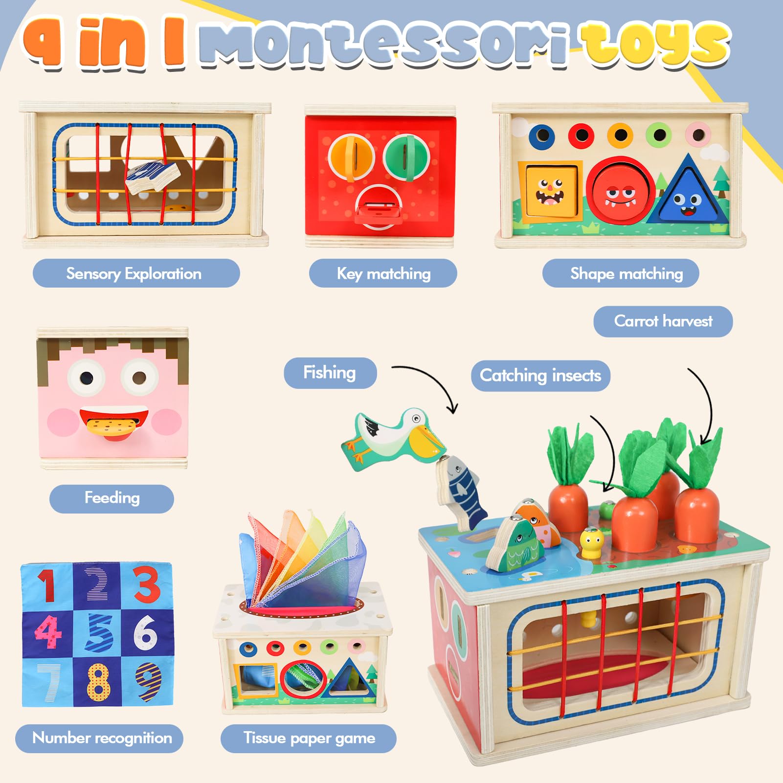 Giocattoli Montessori bambini 1 anno, scatola di fazzoletti Giocattoli con fazzoletti di seta a partire 10 mesi, giocattoli lo sviluppo motorio in legno 1 2 3 anni Bambine, Regali Compleanno Pasqua