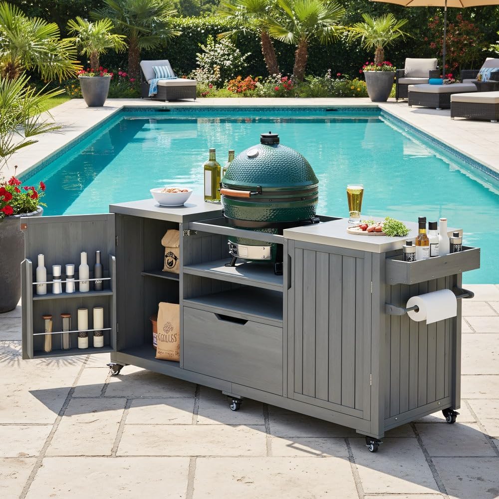66.5" Outdoor Kitchen Island for Big Green Egg Grills, Solid Wood Grill Cart for Tabletop Grill with Stainless Steel Top, Drawer, Compatible with Large Big Green Egg, Kamado Joe-Grey Blue