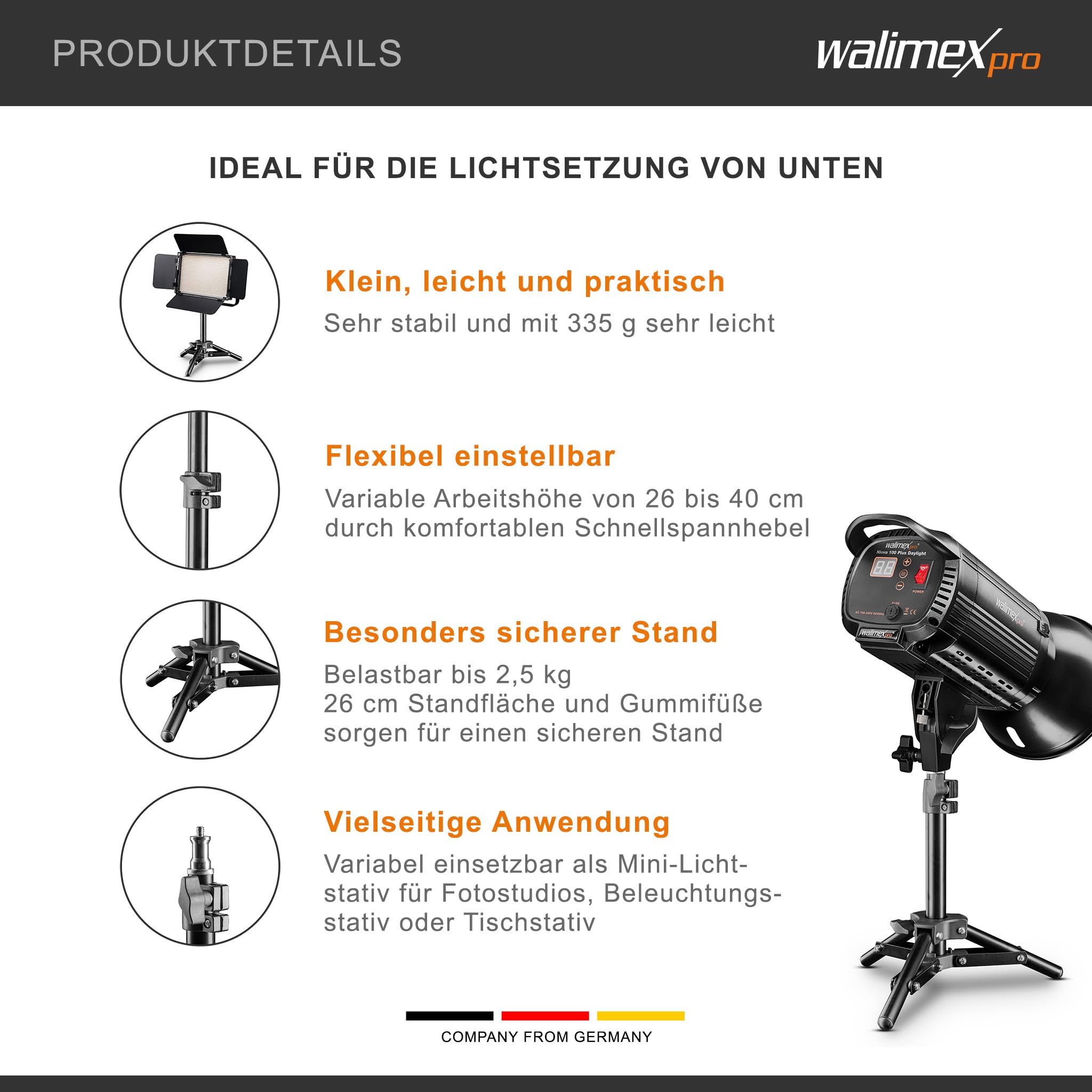 Walimex pro Lampenstativ höhenverstellbar bis 40 cm, Mini Stativ mit 2,5 kg Tragkraft, Lichtstativ für kleinere Lampen, Studioblitze, Studioleuchten und Kompaktblitze