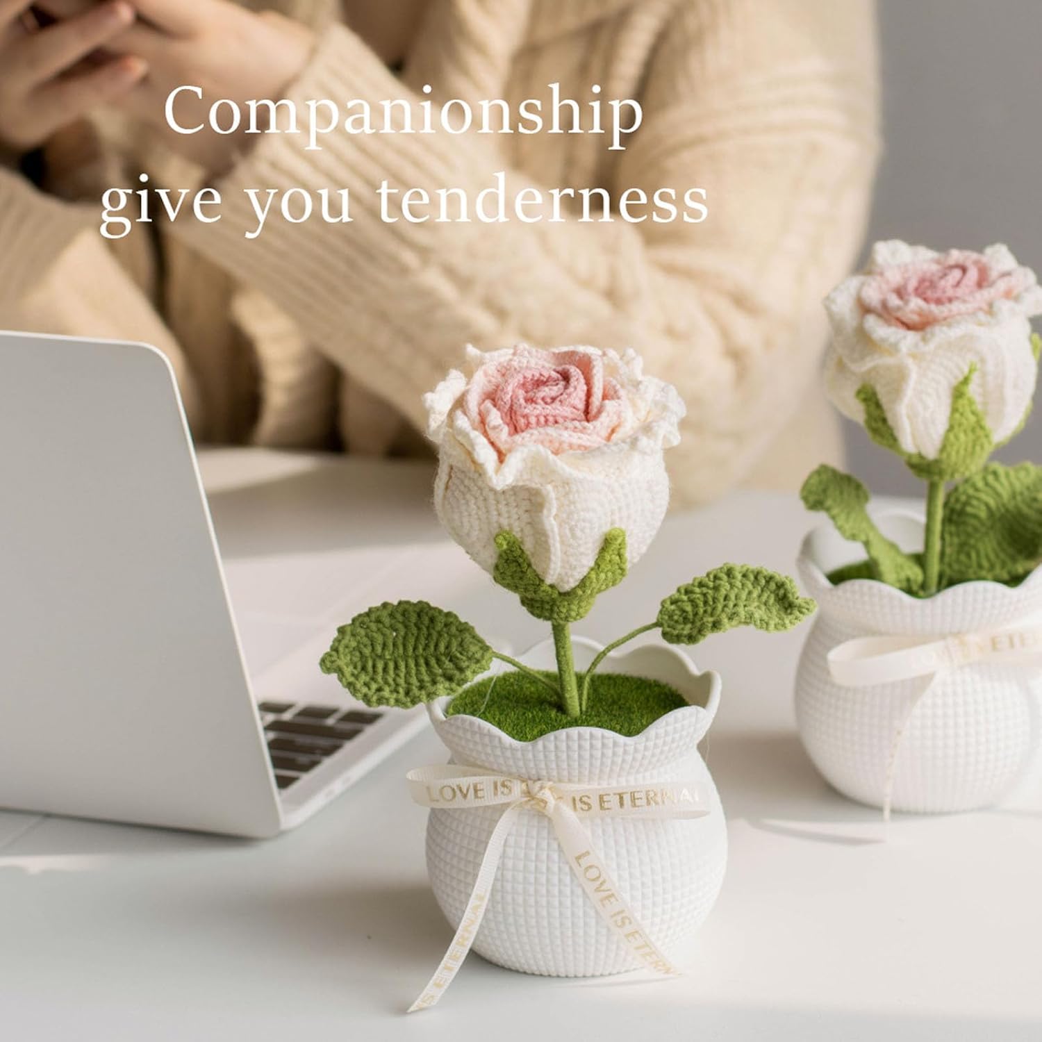 Handmade Crochet Flowers,Handmade Potted Crochet Rose Bouquet,Cute Artificial Flowers Knitted Rose Plants with Exquisite Pot Gift to Friend Women Birthday Valentine's Day Home Office Decoration