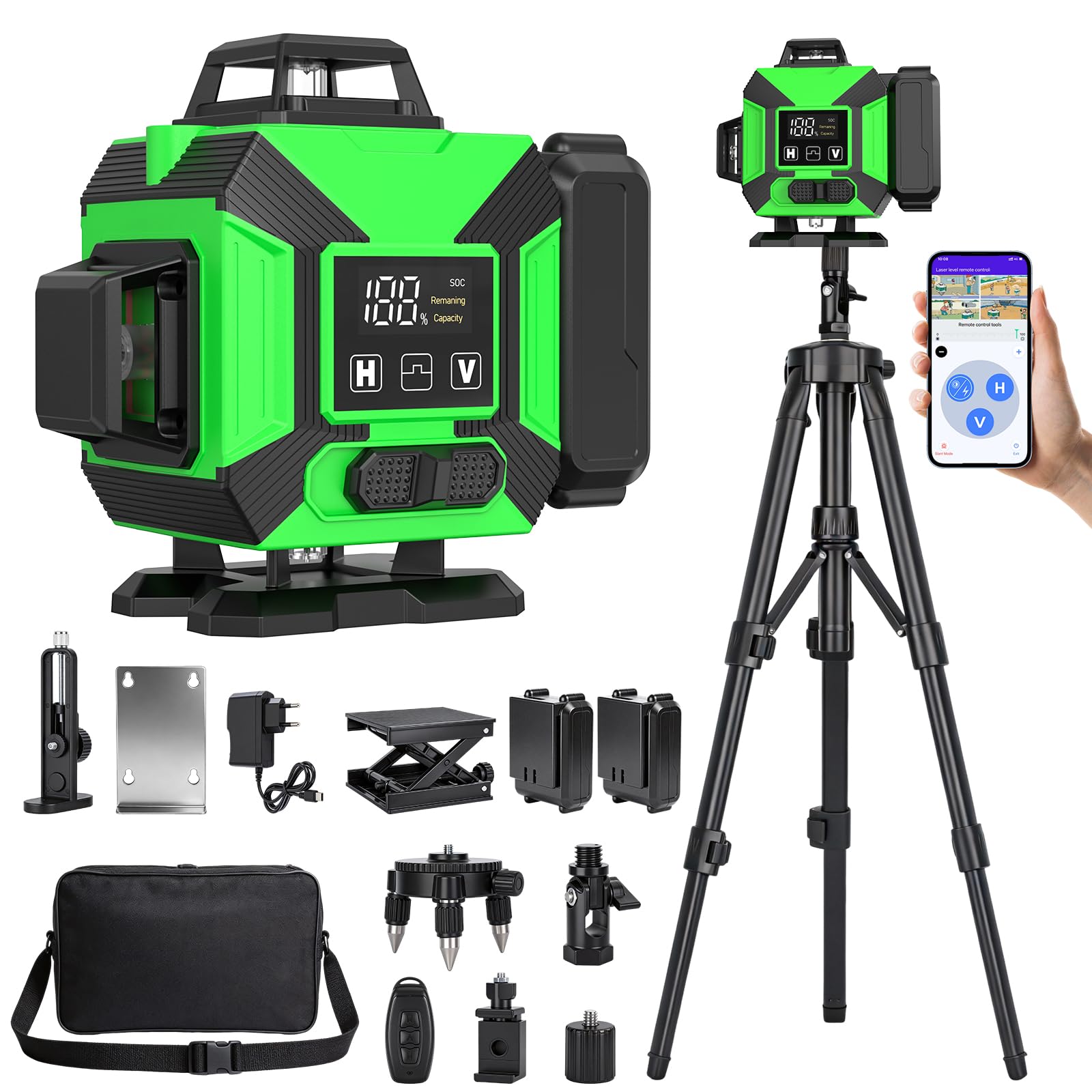 Nivel Láser Autonivelante 4x360°, Nivel Láser Verde 16 lineas con Tripode | 2x3600mAh Batería, Soporte de Pared Control Remoto, Grado IP54 Para Construcción, Alicatado