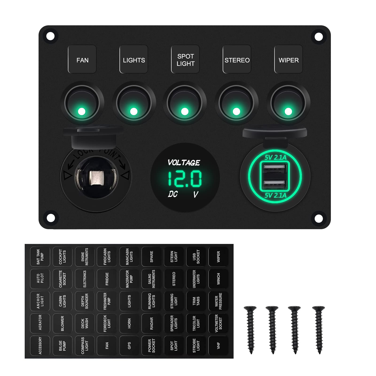 Geloo 5 Gang Rocker Switch Panel for Boat, 12V Marine Switch Panel Waterproof, Aluminum Toggle Switches Panel with 4.2A USB Port Digital Voltmeter for