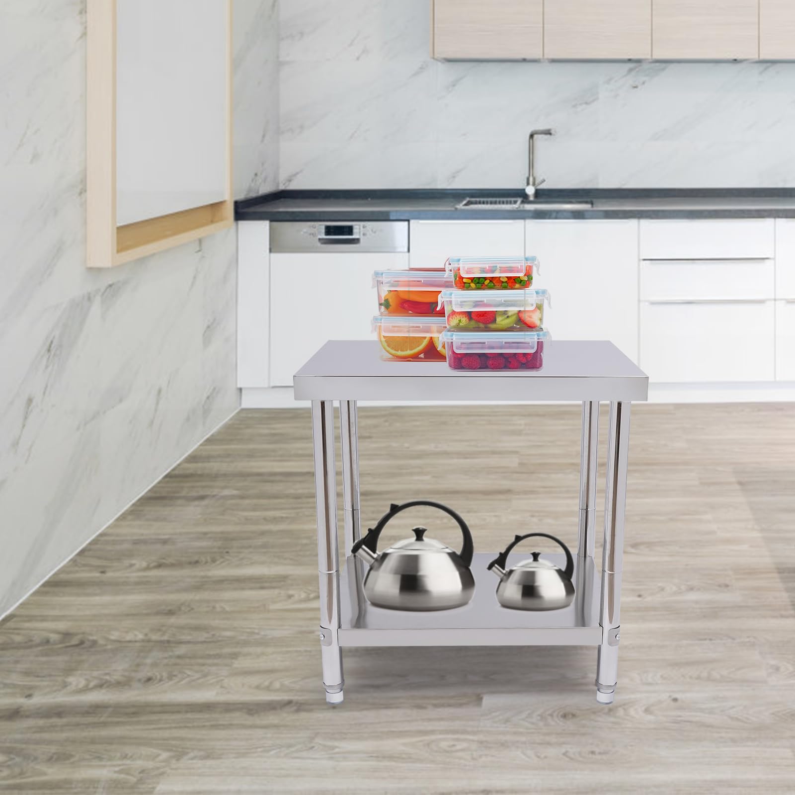 Mesa de trabajo de acero inoxidable, mesa de cocina de cocina, mesa de preparación de alimentos, con estante inferior y fundas antideslizantes para los pies, para restaurante, casa y hotel, capacidad