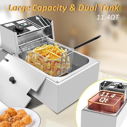 Miniatura 2 de Freidora comercial, freidora eléctrica de encimera de 1700 W con canasta, freidora de aceite de acero inoxidable de 11.4 cuartos de galón, con