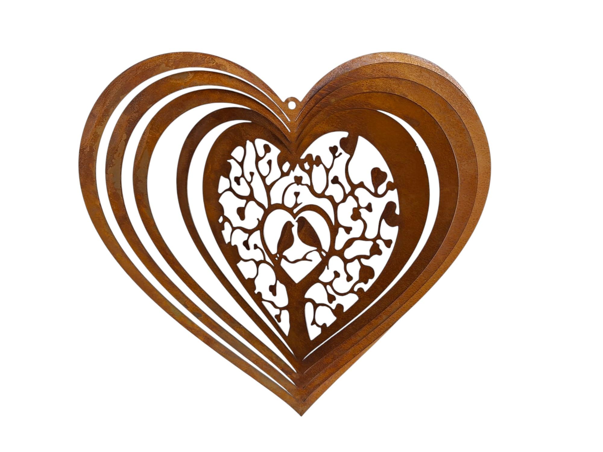 Carillón de viento 3D de corazón, 25 cm, decoración de jardín con diseño de pájaros, aspecto oxidado, decoración colgante de metal para balcón y jardín
