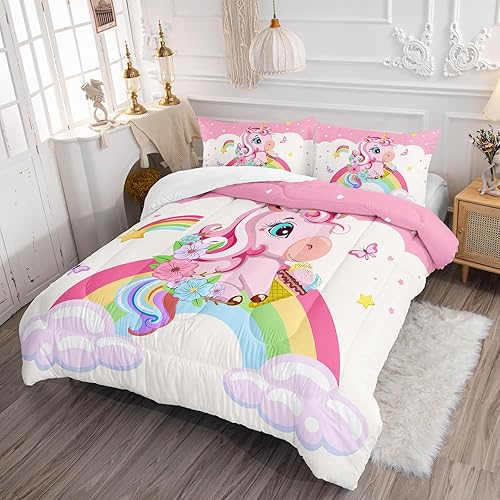 Miniatura 2 de AILONEN Juego de edredón de unicornio para niñas, tamaño individual, juegos de edredón de unicornio rosa, juego de ropa de cama de arco iris, juego
